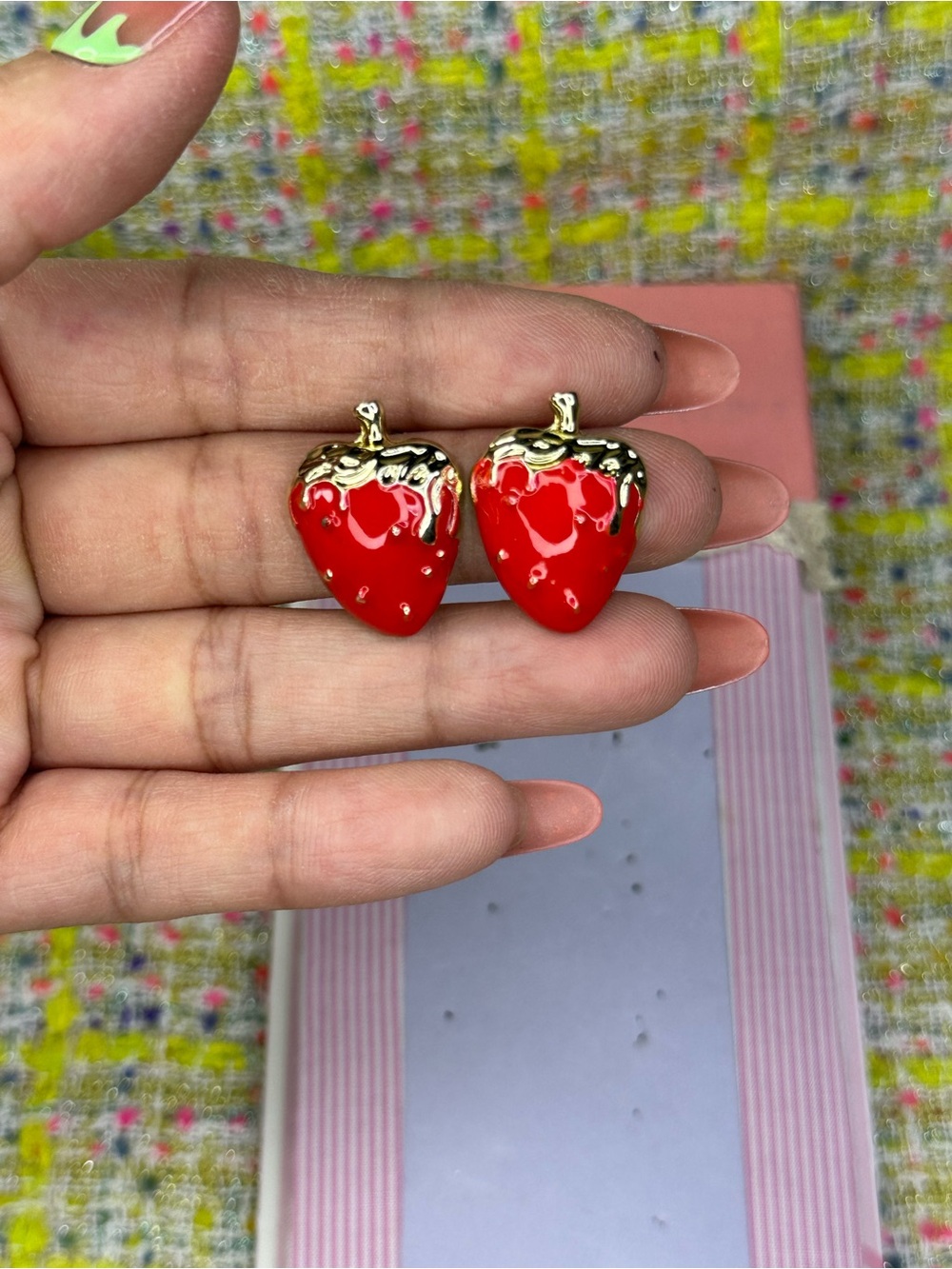 A great Red Strawberry Drop Earrings with Gold Accents